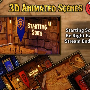 May include: A 3D animated scene of a medieval castle interior with a map on a table, banners, and a sign that reads "Starting Soon".