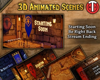 May include: A 3D animated scene of a medieval castle interior with a map on a table, banners, and a sign that reads "Starting Soon".