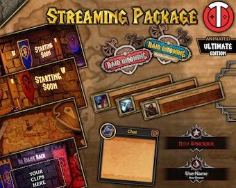 May include: A streaming package for Twitch or YouTube with animated overlays in a medieval fantasy theme. The package includes a starting soon screen, a raid incoming screen, a new subscriber alert, a chat box, and donation, subscriber, and follower alerts.
