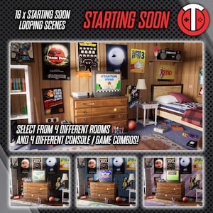 May include: A retro-themed bedroom with a dresser, a bed, and a TV playing a video game. The walls are decorated with posters of classic movies and video games. The text on the image reads "16 x STARTING SOON LOOPING SCENES" and "STARTING SOON".