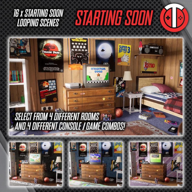 May include: A retro-themed bedroom with a dresser, a bed, and a TV playing a video game. The walls are decorated with posters of classic movies and video games. The text on the image reads "16 x STARTING SOON LOOPING SCENES" and "STARTING SOON".