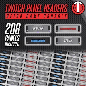 May include: A digital illustration of a retro game console with 208 Twitch panel headers. The panels are in a grid format and include text such as "About Me", "Subscribe", "Website", "Setup", "Socials", "Music", "Specs", "Team", "Credits", "Games", "Menu", "Schedule", "Help", "Links", "Patreon", "Sponsor", "Thank You", "Tips", "Artworks", "Discord", "Gear", "Merch", "Goals", "Subscribe", "Support", "Contact", "FAQ", "Rules", "Store", "Bluesky", "Extras", "Help", "Radio", "Sor".