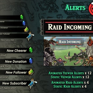 Könnte beinhalten: Ein grüner Bildschirm mit einem roten Banner, auf dem "ALERTS RAID INCOMING" steht. Das Banner ist von einem grünen Rand umgeben. Unter dem Banner stehen vier Zeilen Text, die "ANIMATED VIEWER ALERTS X 12", "STATIC VIEWER ALERTS X 12", "ANIMATED RAID ALERTS X 4" und "STATIC RAID ALERTS X 4" lauten.