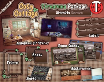 Cosy Cottage - Ultimate Stream Package - Animated 3D Scenes, Overlays, Alerts, Backgrounds, Stingers - Cozy Cottagecore - Twitch/YouTube