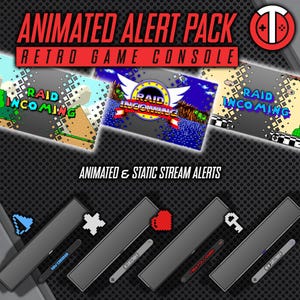 Peut inclure: Pack d'alertes animées pour le streaming, avec un design de console de jeu rétro. Le pack comprend des alertes animées et statiques pour les nouveaux abonnés, les encouragements et les raids. Les alertes sont affichées sur un fond noir avec un design pixelisé.