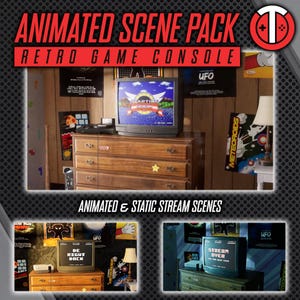 May include: A retro game console scene pack with animated and static stream scenes. The scene features a vintage television with a game playing on the screen, a dresser with drawers, and a lamp on a side table. The scene is decorated with posters of classic video games.