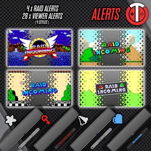 May include: Four different styles of animated Twitch alerts for viewers and raids. The alerts feature a pixelated 8-bit style with the text "RAID INCOMING" in red and white. The backgrounds are different colors and feature pixelated graphics.