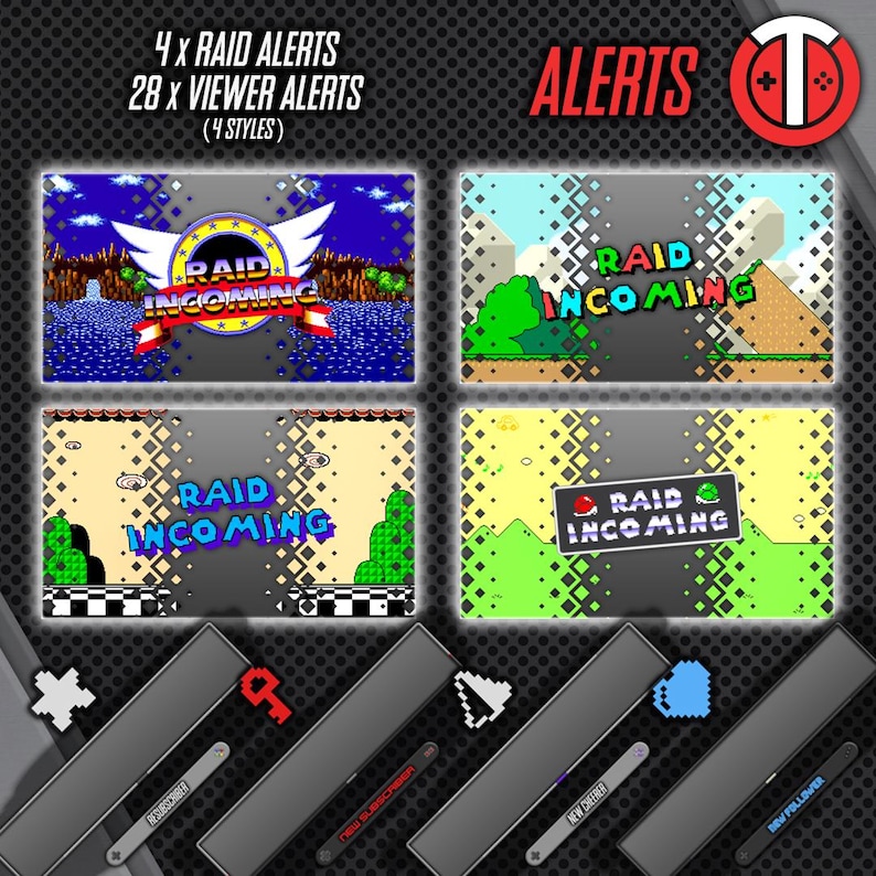 May include: Four different styles of animated Twitch alerts for viewers and raids. The alerts feature a pixelated 8-bit style with the text "RAID INCOMING" in red and white. The backgrounds are different colors and feature pixelated graphics.