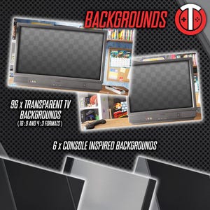 May include: A digital illustration of 96 transparent TV backgrounds in 16:9 and 4:3 formats and 6 console inspired backgrounds. The image shows a retro-style television set with a checkered pattern on the screen.