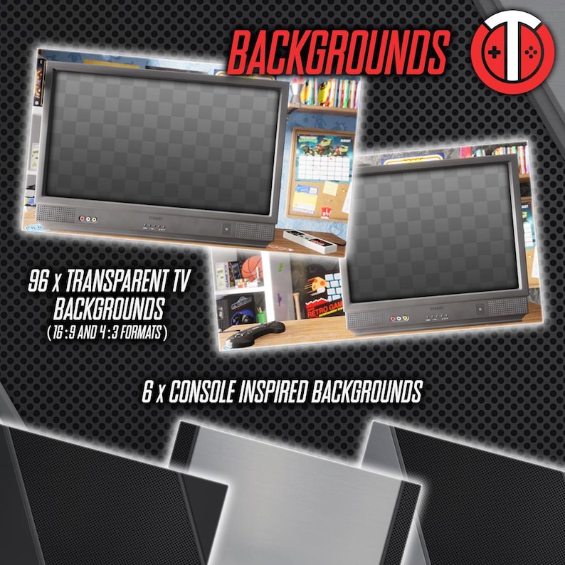 May include: A digital illustration of 96 transparent TV backgrounds in 16:9 and 4:3 formats and 6 console inspired backgrounds. The image shows a retro-style television set with a checkered pattern on the screen.