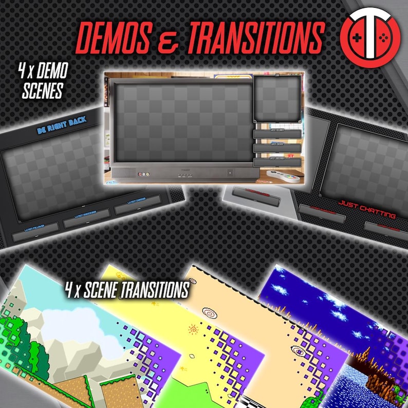 May include: A digital illustration of four different video game scenes with the text "4 x DEMO SCENES" and "DEMOS & TRANSITIONS" at the top of the image. The scenes are a black and white checkered background, a blue and white sky with clouds, a yellow and green landscape, and a blue and green ocean scene. The text "4 x SCENE TRANSITIONS" is at the bottom of the image.