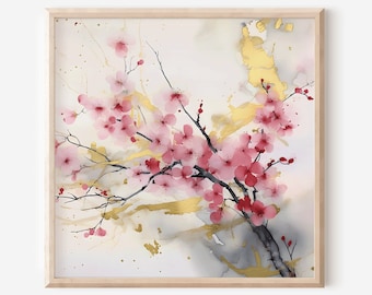 Impresión abstracta de acuarela de flor de cerezo, arte de pared de flor de cerezo, descarga digital, rama de Sakura, flor de primavera, rosa y oro, decoración de pared