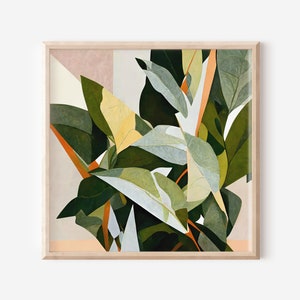 Arte de pared abstracto, hojas de ficus, planta de caucho, hojas botánicas, descarga digital, decoración de pared, póster de arte colorido