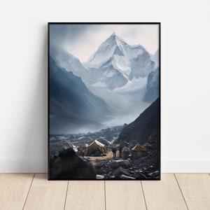 Campamento base del Monte Everest, Montañas, Himalaya, Impresión artística de montaña, Descarga digital, Arte mural de paisaje, Decoración del hogar, Arte mural imprimible