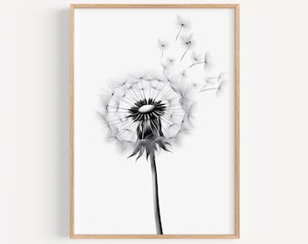 Dandelion Digital Download, Dandelion Wall Art, Dandelion Print, Minimalist Poster, Black and White Print, Floral Print, Instant Download