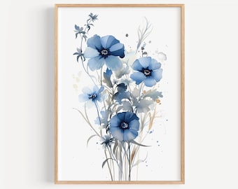 Boho Botanical Print, Blue Wild Flowers Printable Art, Floral Watercolor, Digital Download, Boho Home Décor, Blue Floral Wall Art