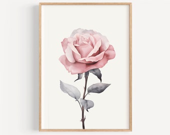 Watercolor Rose Print, Digital Download, Printable Wall Art, Botanical Wall Art, Floral Poster, Modern Coastal Home Décor, Hamptons Style