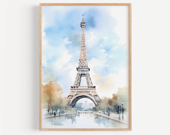 May include: A watercolour painting of the Eiffel Tower in Paris, France. The tower is depicted in shades of brown and grey, with a blue sky and white clouds in the background. There are trees and a reflecting pool in the foreground.