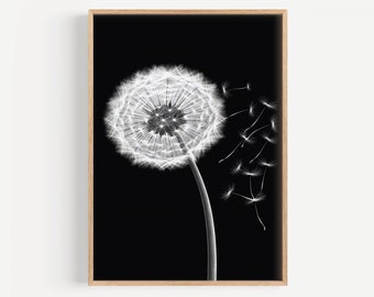 Dandelion Digital Download, Dandelion Wall Art, Dandelion Print, Minimalist Poster, Black and White Print, Floral Print, Instant Download