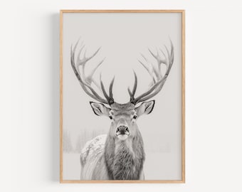 Printable Winter Deer in the Snow, Digital Download, Minimalist Poster, Wall Art, Scandinavian, Deer in the snow, Antlers, Christmas