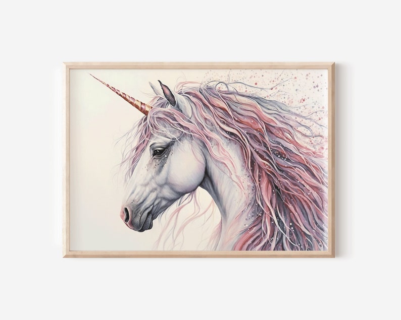 May include: A white unicorn with a pink and purple mane and tail. The unicorn has a gold horn and is set against a white background.