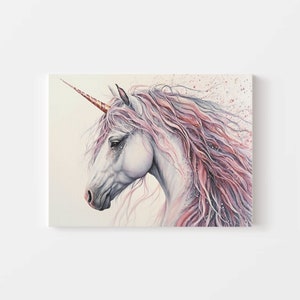 May include: A white unicorn with a pink and purple mane and tail. The unicorn has a gold horn and is painted in a realistic style.