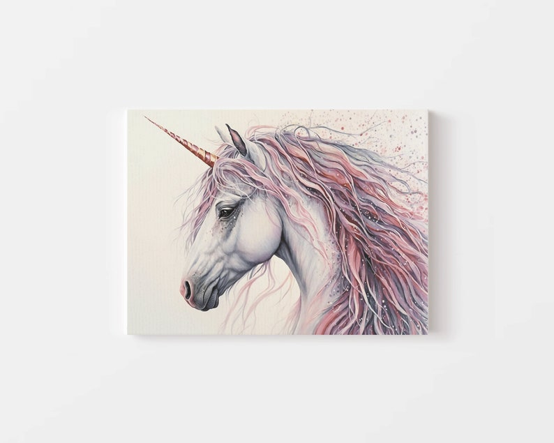 May include: A white unicorn with a pink and purple mane and tail. The unicorn has a gold horn and is painted in a realistic style.
