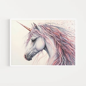May include: A white unicorn with a pink and purple mane and tail. The unicorn has a gold horn and is set against a white background.