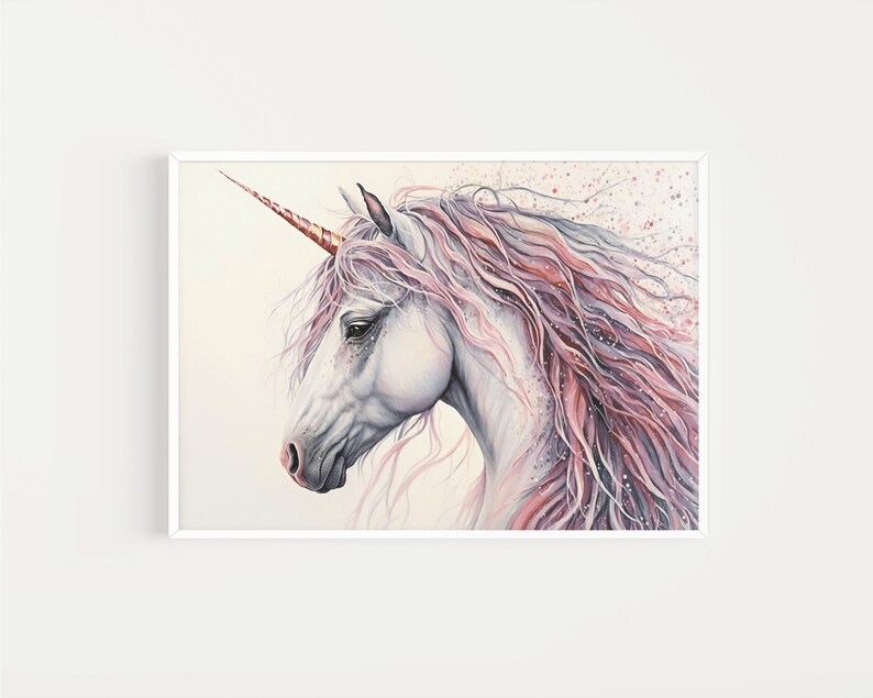 May include: A white unicorn with a pink and purple mane and tail. The unicorn has a gold horn and is set against a white background.