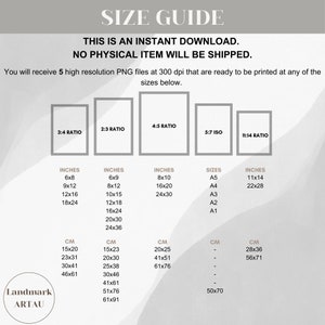 May include: A size guide for printable art prints, showing different aspect ratios and corresponding measurements in inches and centimetres. The ratios include 3:4, 2:3, 4:5, 5:7, and 11:14. The guide also includes standard paper sizes like A5, A4, A3, A2, and A1.