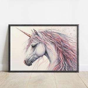 May include: A white unicorn with a pink and purple mane and tail. The unicorn has a gold horn and is painted in a realistic style.