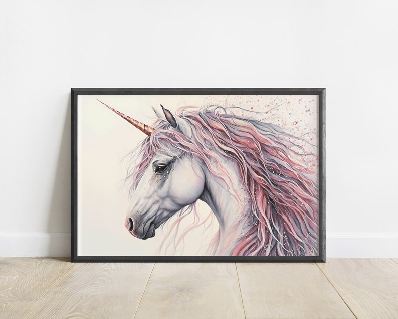 May include: A white unicorn with a pink and purple mane and tail. The unicorn has a gold horn and is painted in a realistic style.