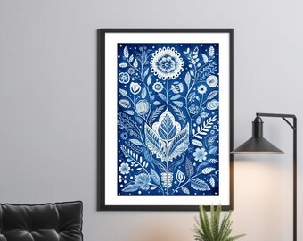 Indian Kalamkari Art, Indian Art, Blue and White Indian Art, Indian Folk Art, Indigo Wall Art, Vintage Floral Art, Blue Poster Prints, Boho
