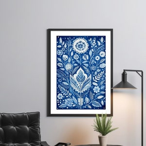 Indian Kalamkari Art, Indian Art, Blue and White Indian Art, Indian Folk Art, Indigo Wall Art, Vintage Floral Art, Blue Poster Prints, Boho