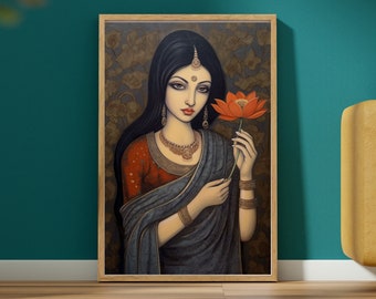 Indian Folk Art, Indian Royal Lady Art, Indian Painting, Indian Wall Art, Indian Woman Printable Art, Living Room Decor, Indian Digital Art