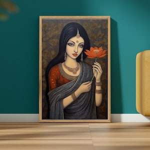 Indian Folk Art, Indian Royal Lady Art, Indian Painting, Indian Wall Art, Indian Woman Printable Art, Living Room Decor, Indian Digital Art
