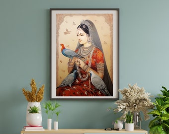 Indian Folk Art, Indian Royal Lady Art, Indian Painting, Indian Wall Art, Indian Vintage Poster Art, Living Room Decor , Indian Woman Art