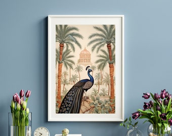 May include: A framed print of a peacock standing in a tropical garden with palm trees and a domed building in the background. The peacock is blue and green with a long tail.