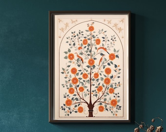 Indian Folk Art, Indian Floral Prints, Living Room Decor, Indian Vintage Art, Pichwai Painting, Printable Poster Floral Wall Art,Digital Art