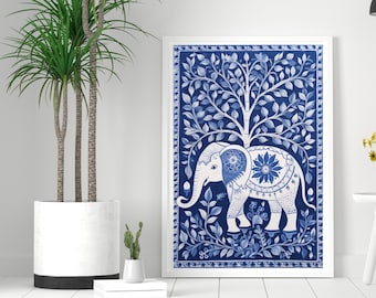 May include: Blue and white wall art featuring a stylized elephant standing under a tree with intricate floral designs. The elephant is white with blue details and the tree has a blue trunk and branches with white leaves.