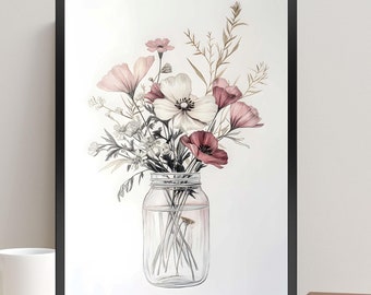 May include: A watercolor illustration of a bouquet of pink and white flowers in a clear glass jar. The flowers are arranged in a simple, elegant style, and the jar is sitting on a white background.