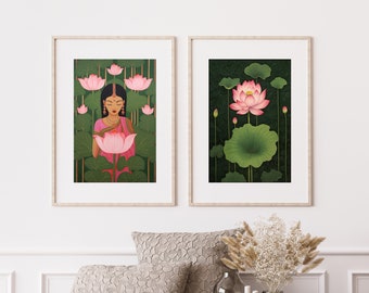 Set of 2, Indian Wall Art, Indian Folk Art , Indian Pichwai Painting, Pichwai Lotus Painting, Indian Woman Art, Indian Digital Pichwai Art
