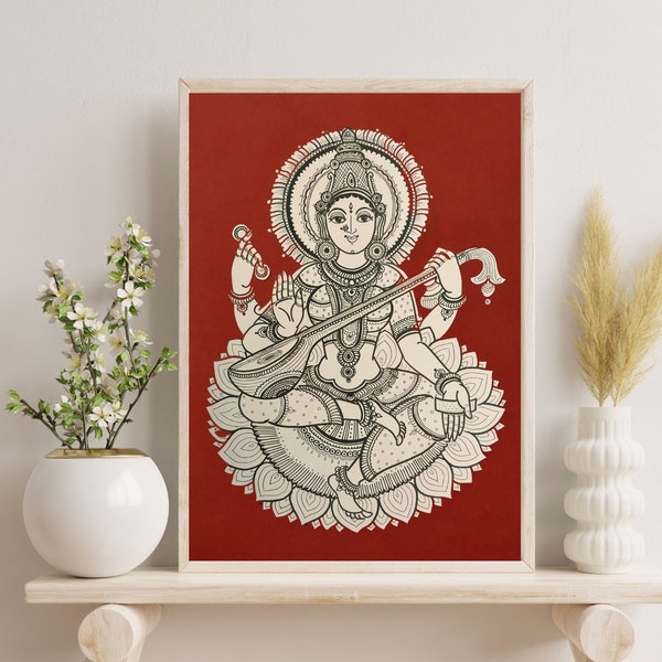 Indian Kalamkari Painting, Goddess Saraswati, Goddess Sarasvati, Indian Religious Art, Indian God, Wall Art, Indian Wall Art, Hindu Goddess