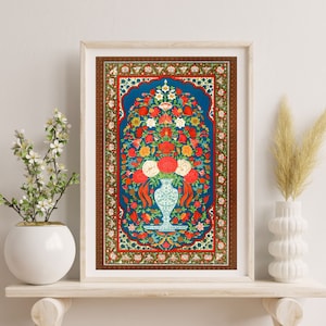 Indian Floral Art, Indian Folk Art, Mughal Art, Vintage Floral, Floral Mughal Art, Vintage Flower Bouquet, Wall Art Set, Indian Vintage Art