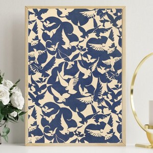 Vintage Bird Print, Indigo Pattern Print, Blue and White Digital Wall Art, Pigeon Print Blue Poster, Bird Wall Art, Boho Art, Farmhouse Art