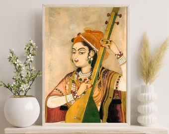 インドの民芸品、インドの王族の女性、インドのビンテージ絵画、ムガル美術、インドのデジタルアート、ビンテージインド美術、インドのアンティークウォールアート
