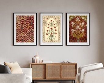 Indian Floral Art Set of 3 Indian Folk Art, Mughal Floral Art, Indian Vintage Art, Pichwai Painting, Mughal Art, Indian Digital Wall Art Set