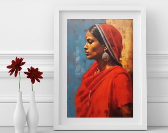 Indian Woman Painting, Indian Folk Art, Indian Rural Village Art, Indian Beautiful Woman Art, Indian Wall Art, Indian Digital Art