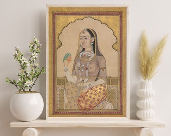 インドの女性絵画、インドのアンティークアート作品、ヴィンテージ女性の壁画、インドのフォークアート、鳥を連れたインドの王室の女性、素朴なピチワイアート