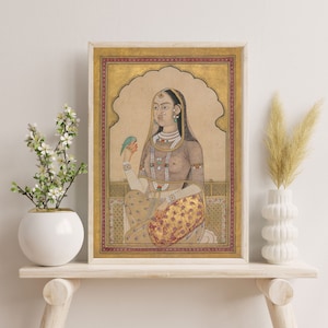 Indian Woman Painting, Indian Antique Art work, Vintage Female Wall Art, Indian Folk Art, Indian Royal Lady with a bird, Rustic Art Pichwai